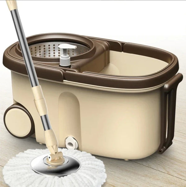 Esfregão plano giratório 360 graus, cesta de aço inoxidável, almofadas de microfibra, limpeza de chão, balde, alça estendida para casa.